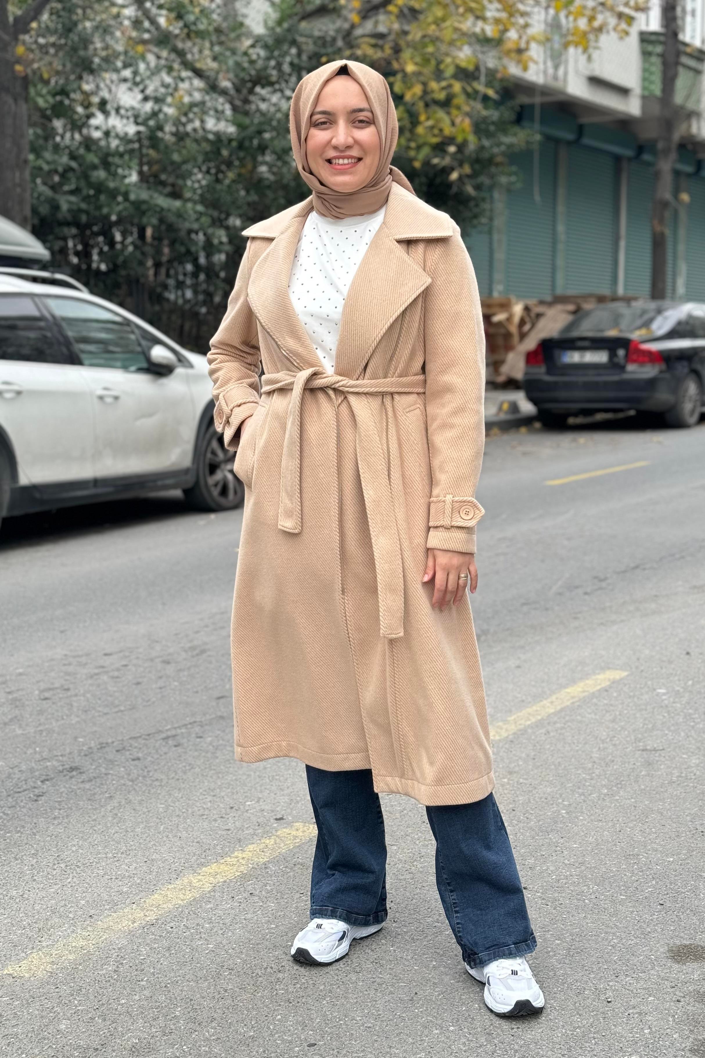 İKOLL Diyagonel Uzun Trenchcoat 33044 - Camel  Kap 