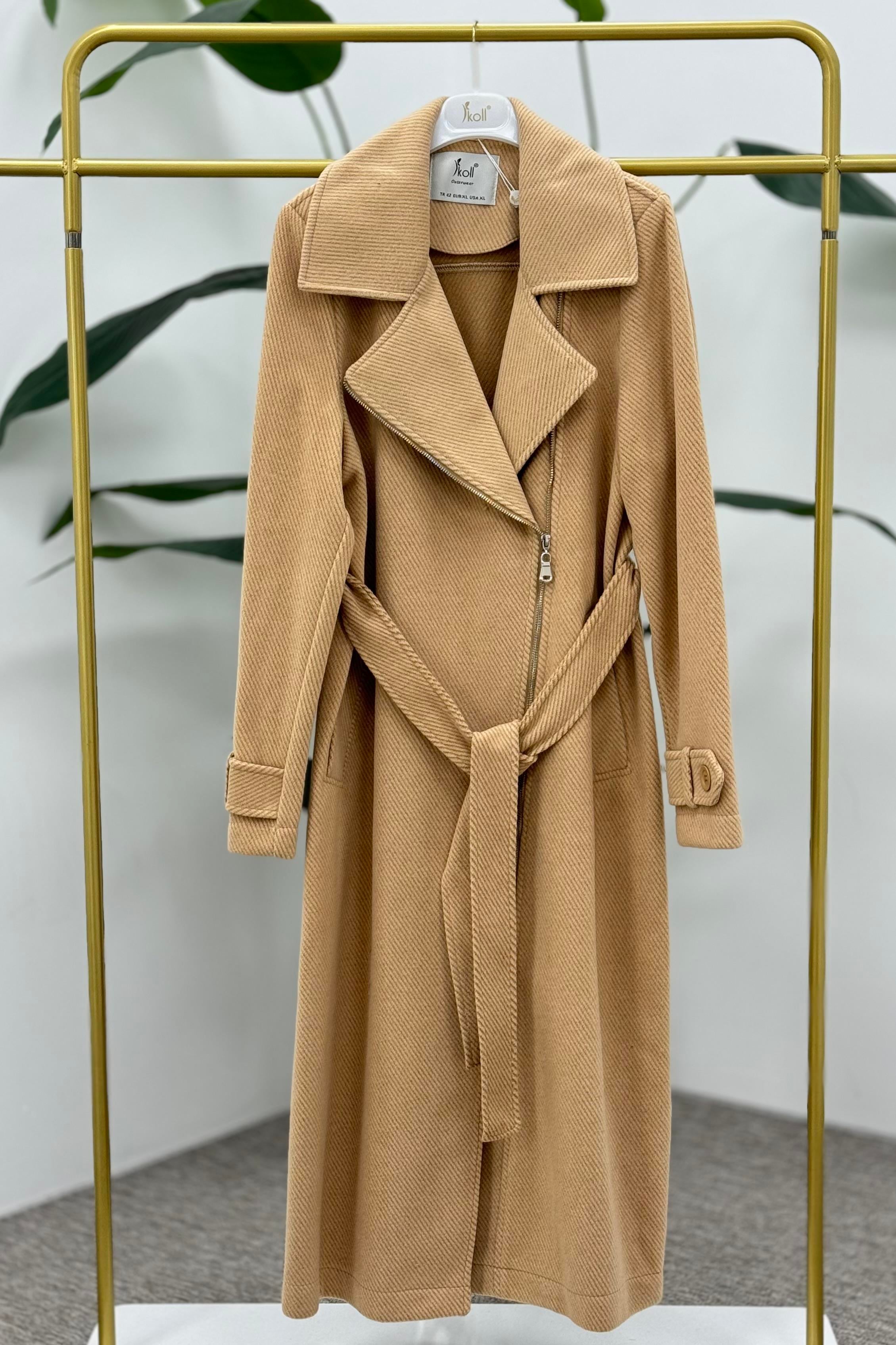 İKOLL Diyagonel Uzun Trenchcoat 33044 - Camel  Kap 