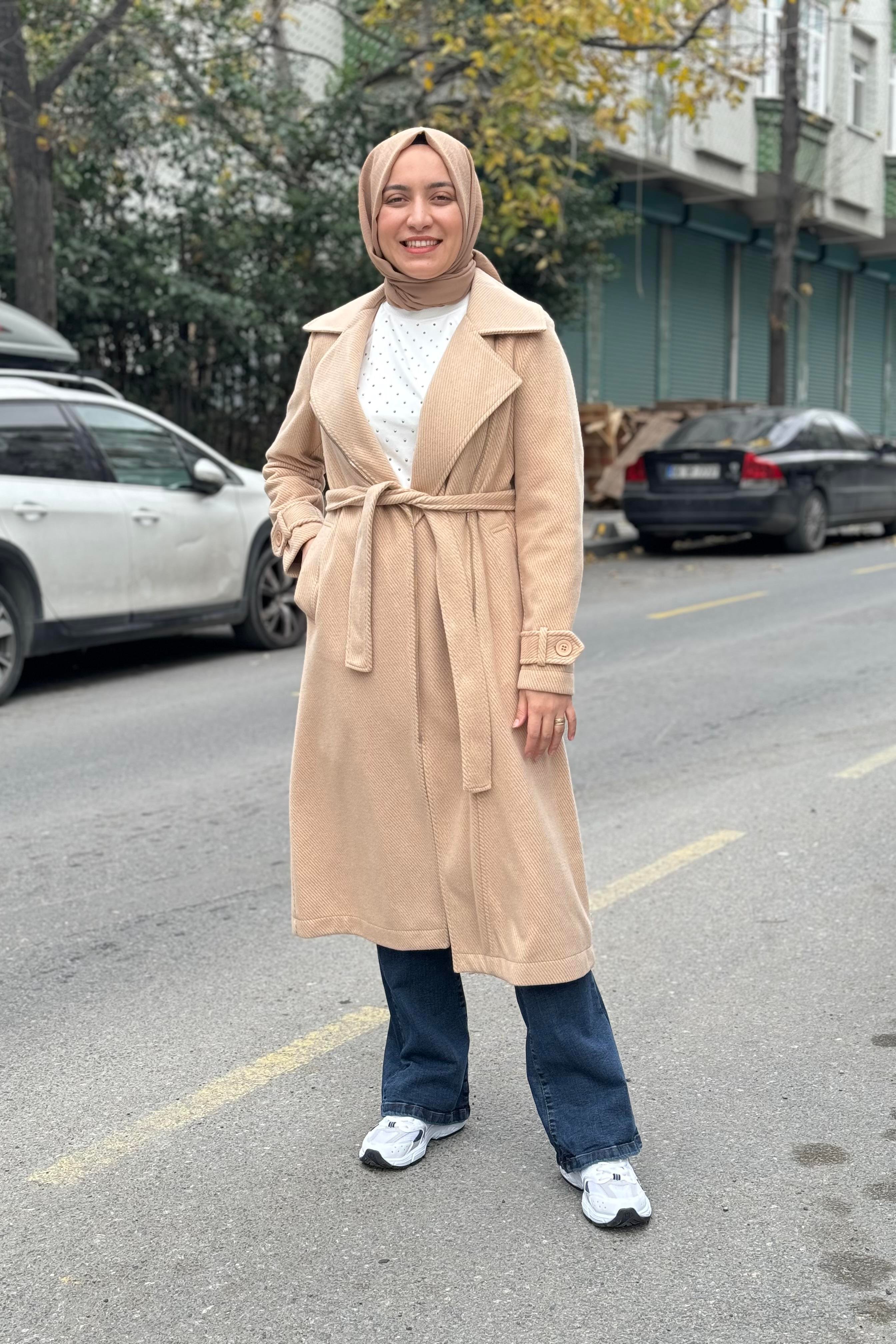 İKOLL Diyagonel Uzun Trenchcoat 33044 - Camel  Kap 