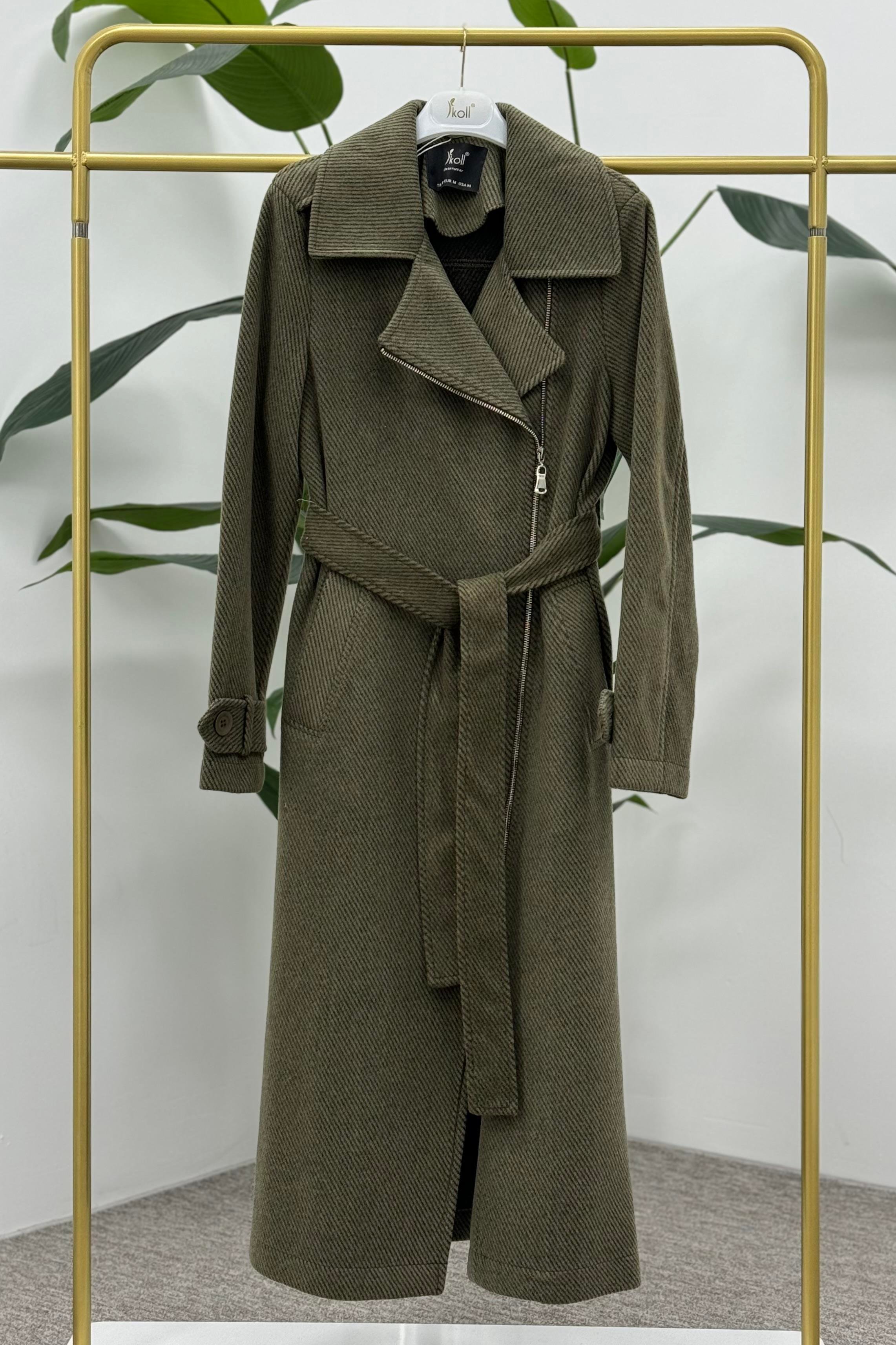 İKOLL Diyagonel Uzun Trenchcoat 33044 - Haki  Kap 