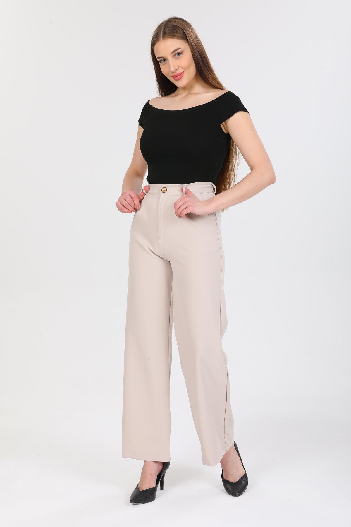 DOUBLE TT Bel Düğmeli Palozzo Kumaş Pantolon X-148 - Vizon  Pantolon