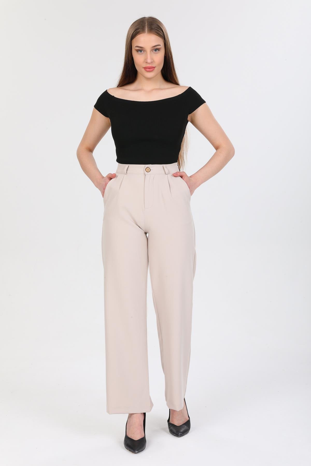DOUBLE TT Bel Düğmeli Palozzo Kumaş Pantolon X-148 - Vizon  Pantolon