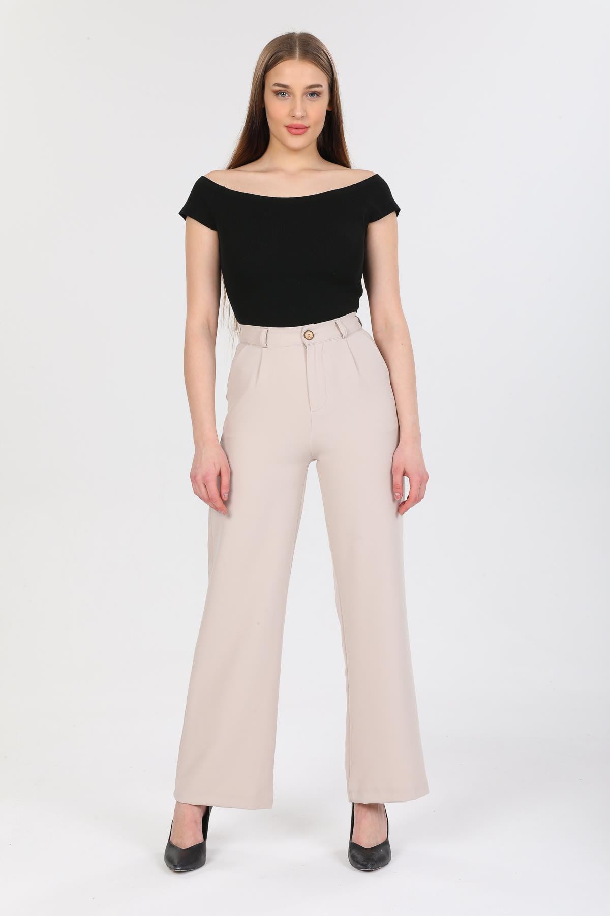 DOUBLE TT Bel Düğmeli Palozzo Kumaş Pantolon X-148 - Vizon  Pantolon