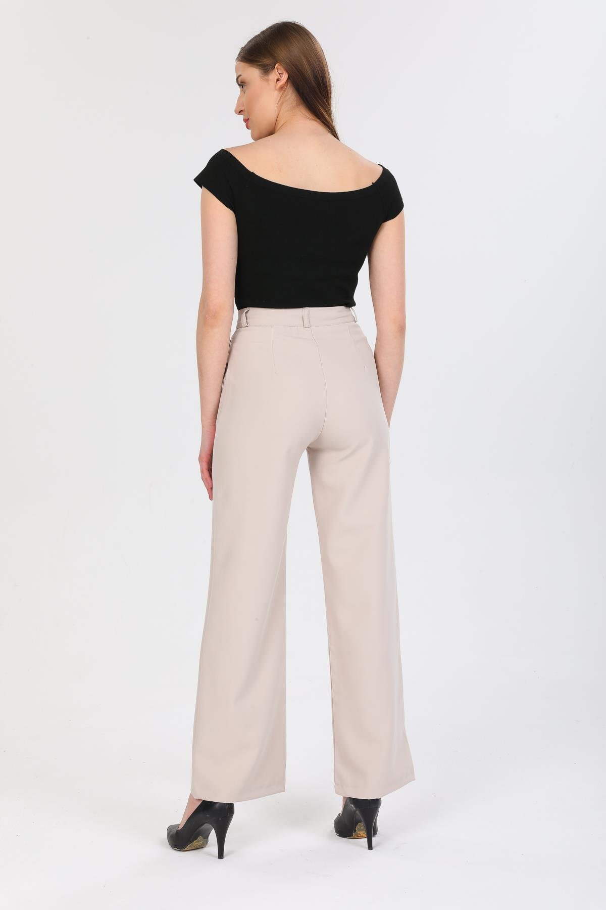 DOUBLE TT Bel Düğmeli Palozzo Kumaş Pantolon X-148 - Vizon  Pantolon