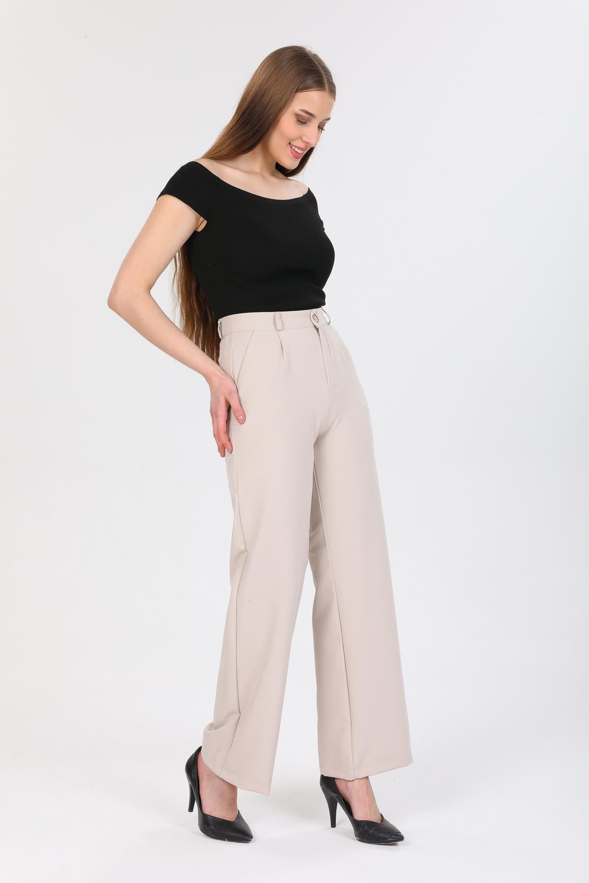 DOUBLE TT Bel Düğmeli Palozzo Kumaş Pantolon X-148 - Vizon  Pantolon