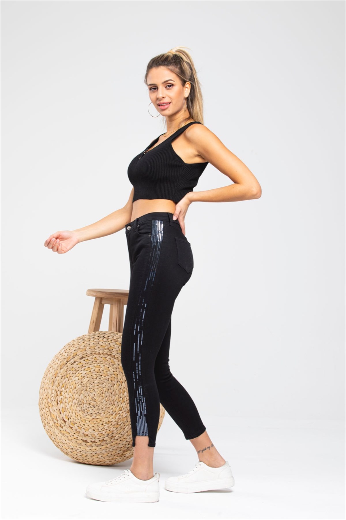 DOUBLE TTDouble 902 Yan Payet İşlemeli Pantolon - Siyah