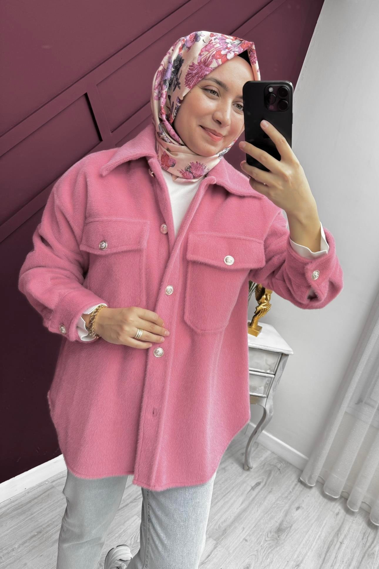 İKOLL Düğme Detaylı Peluş Shacket 0031137 - Açık Pembe  Ceket 
