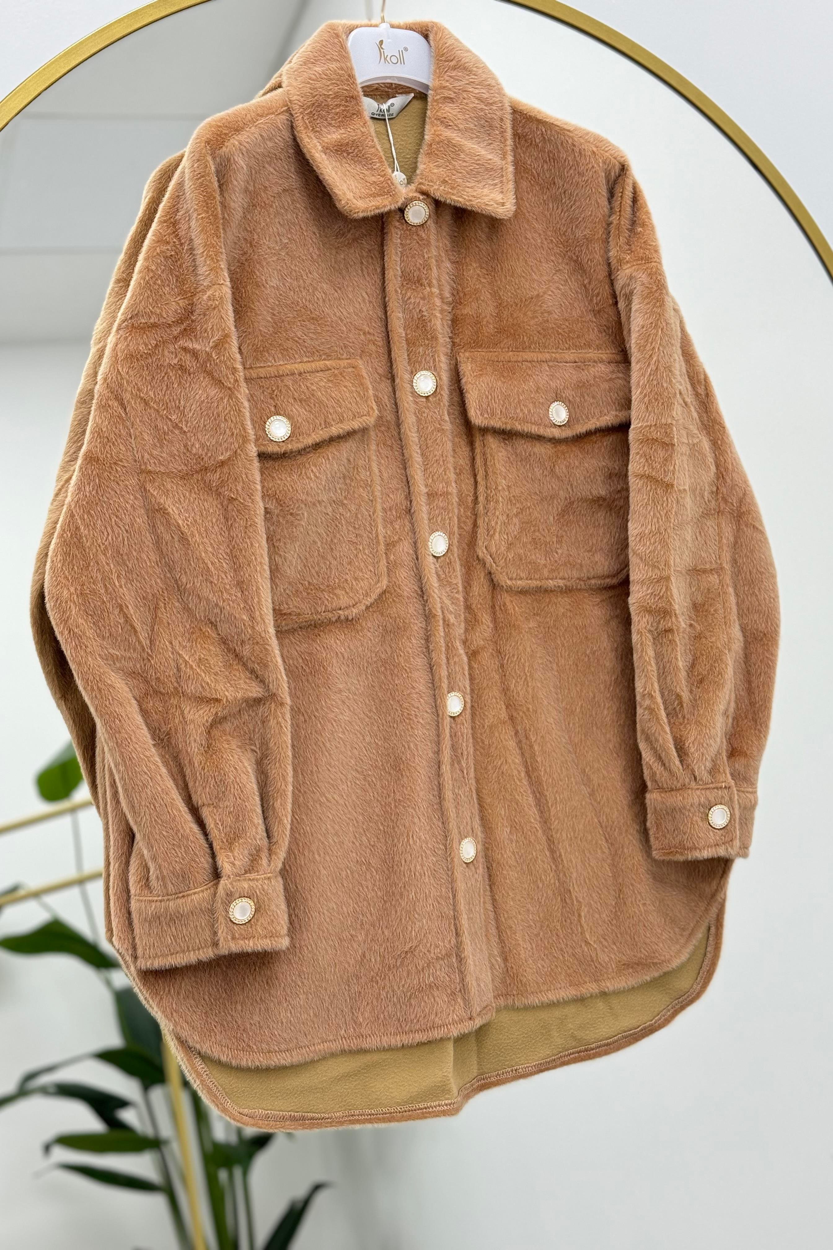 İKOLL Düğme Detaylı Peluş Shacket 0031137 - Camel  Ceket 