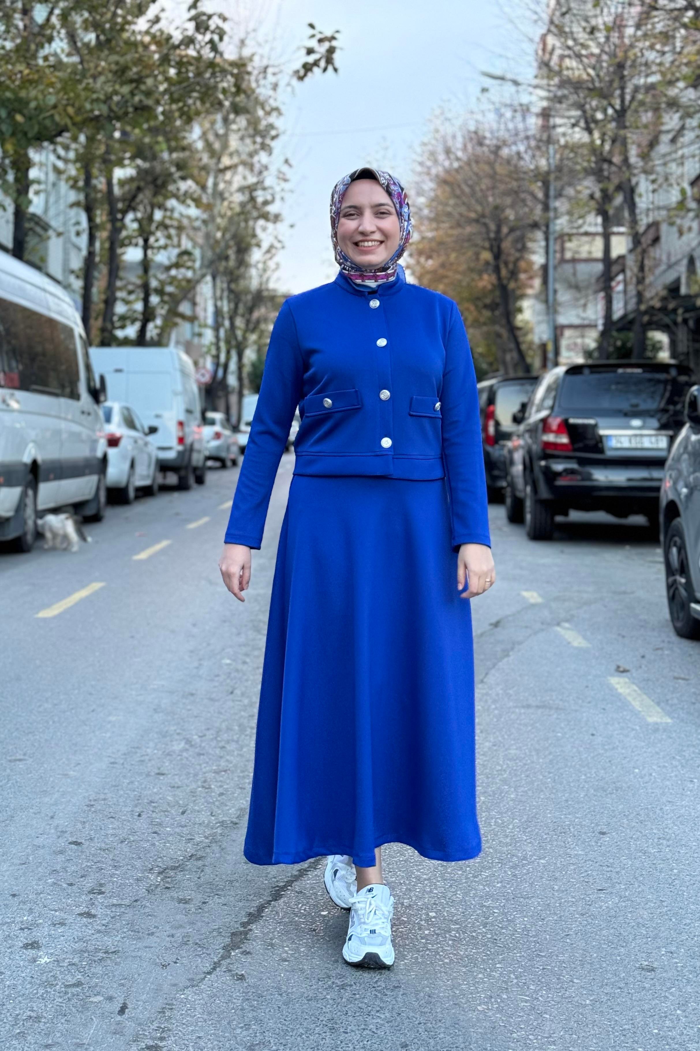 PUANE Düğme Detaylı Scuba Etekli Takım 14271 - Saks  Takım 