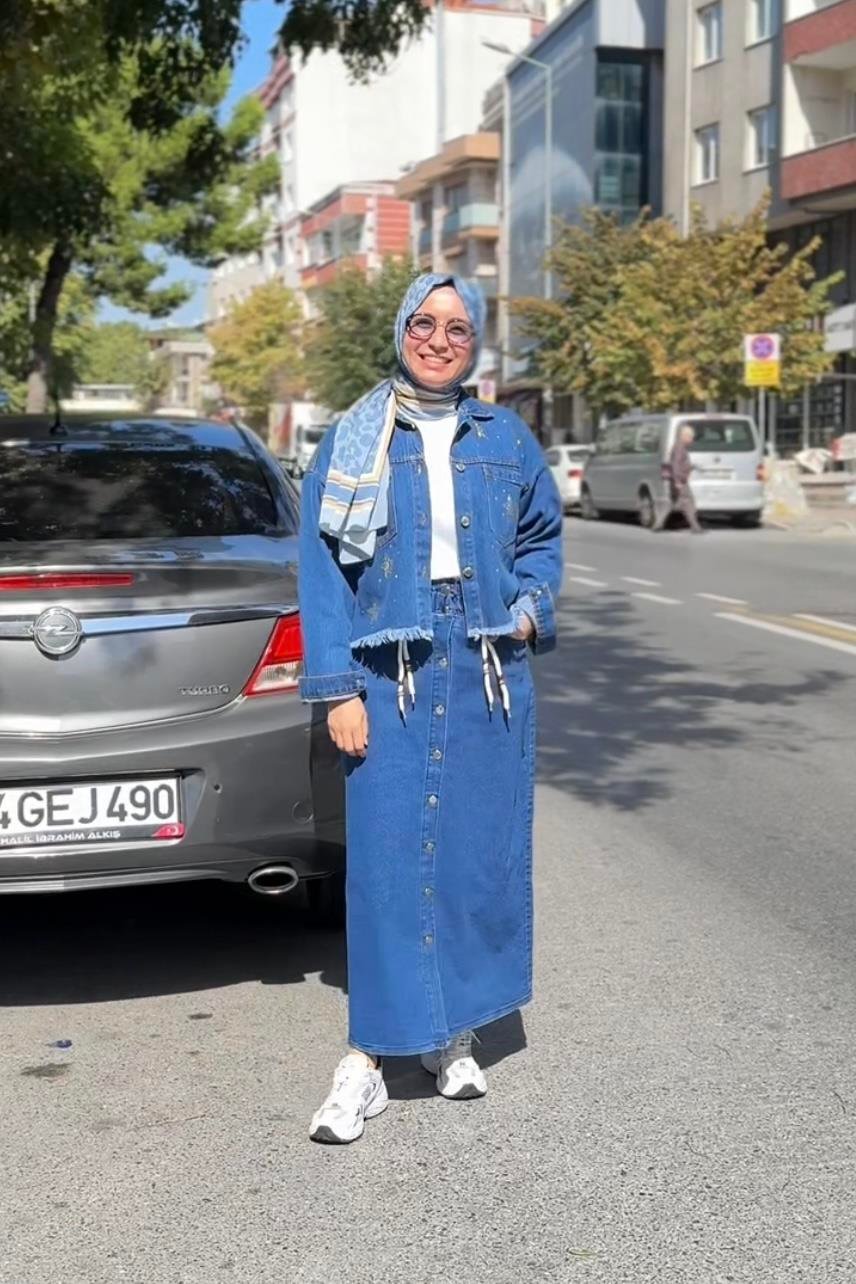 NEFİSE Düğmeli Kemerli Kot Etek 2402024 - Mavi  Etek 