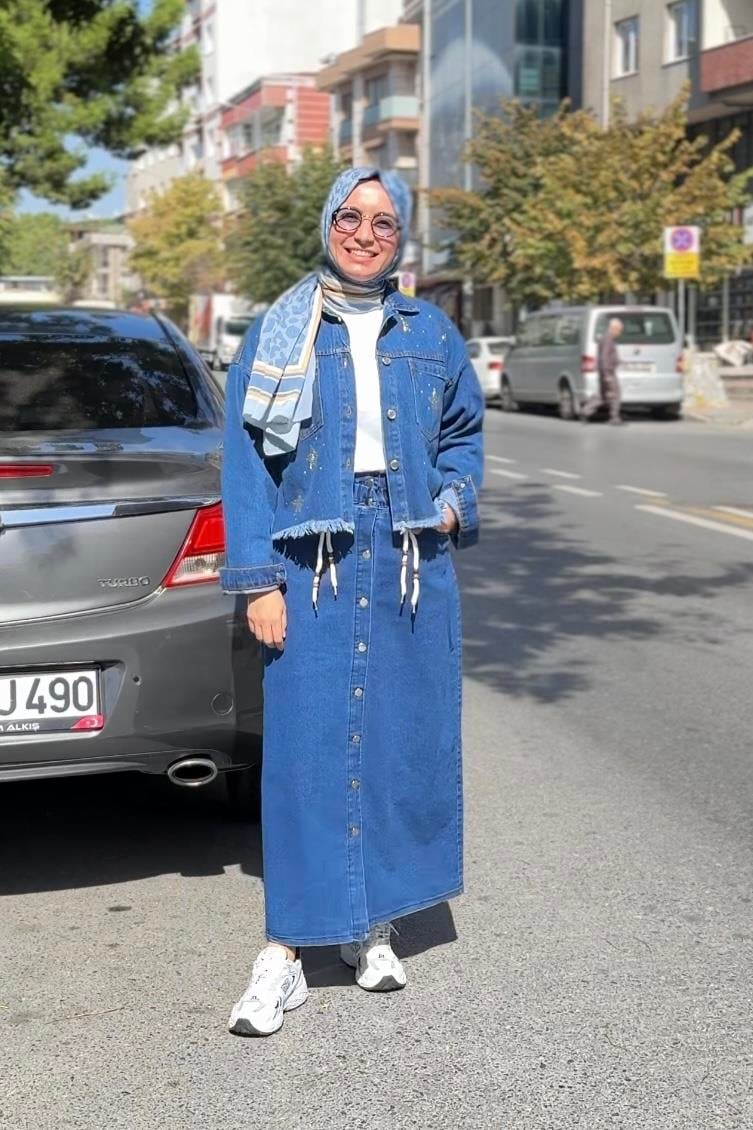 NEFİSE Düğmeli Kemerli Kot Etek 2402024 - Mavi  Etek 