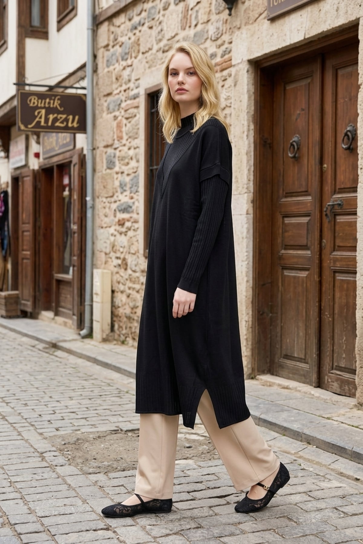 Ön V Detay Uzun Tunik 35326 Siyah Tunik Miss Knit 