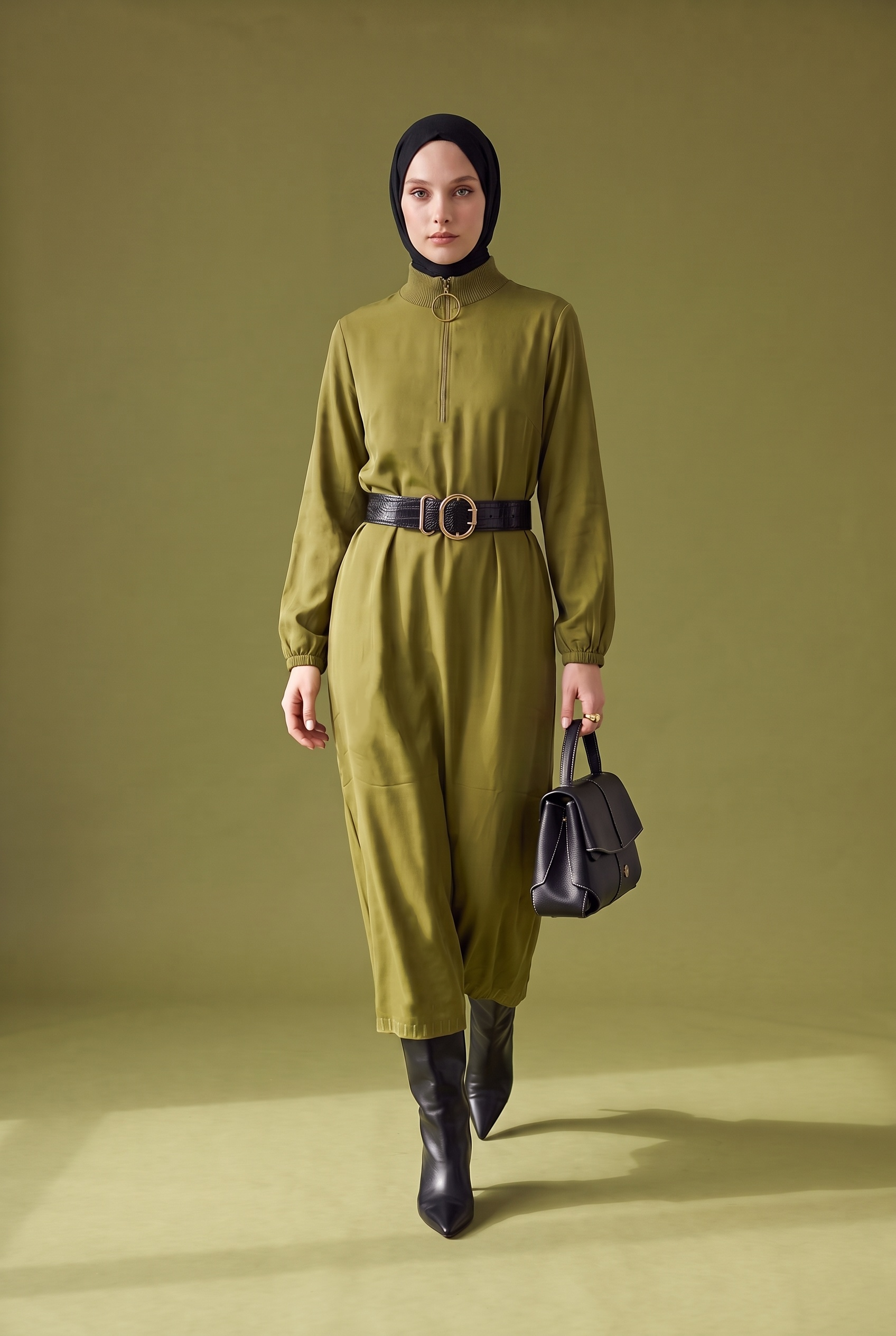 Armine Trend 26KTD905 Yarım Fermuar Detaylı Elbise Yağ Yeşili Elbise ARMİNE TREND 