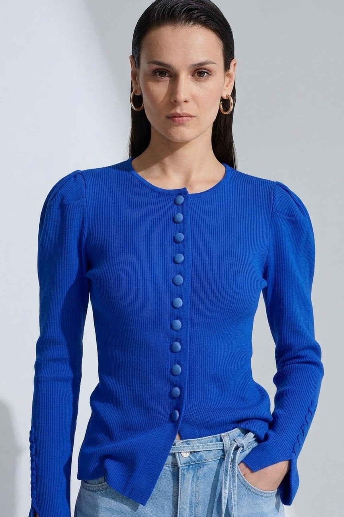 Düğme Detaylı Bluz 140687 Saks Bluz NEFİSE 
