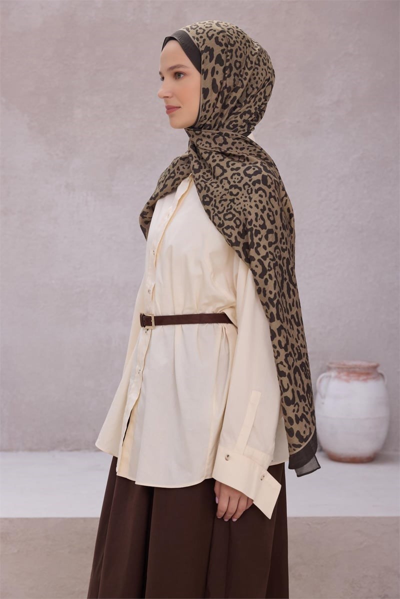 Belli 1464 Leopar Desenli Lena Şal Haki Şal BELLI 