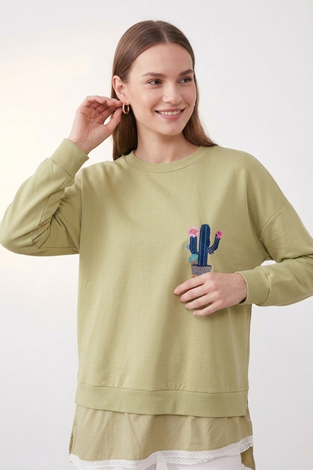 Etek Ucu Dantel Detay Kaktüs Tunik 10818 Olive Tunik PUANE 