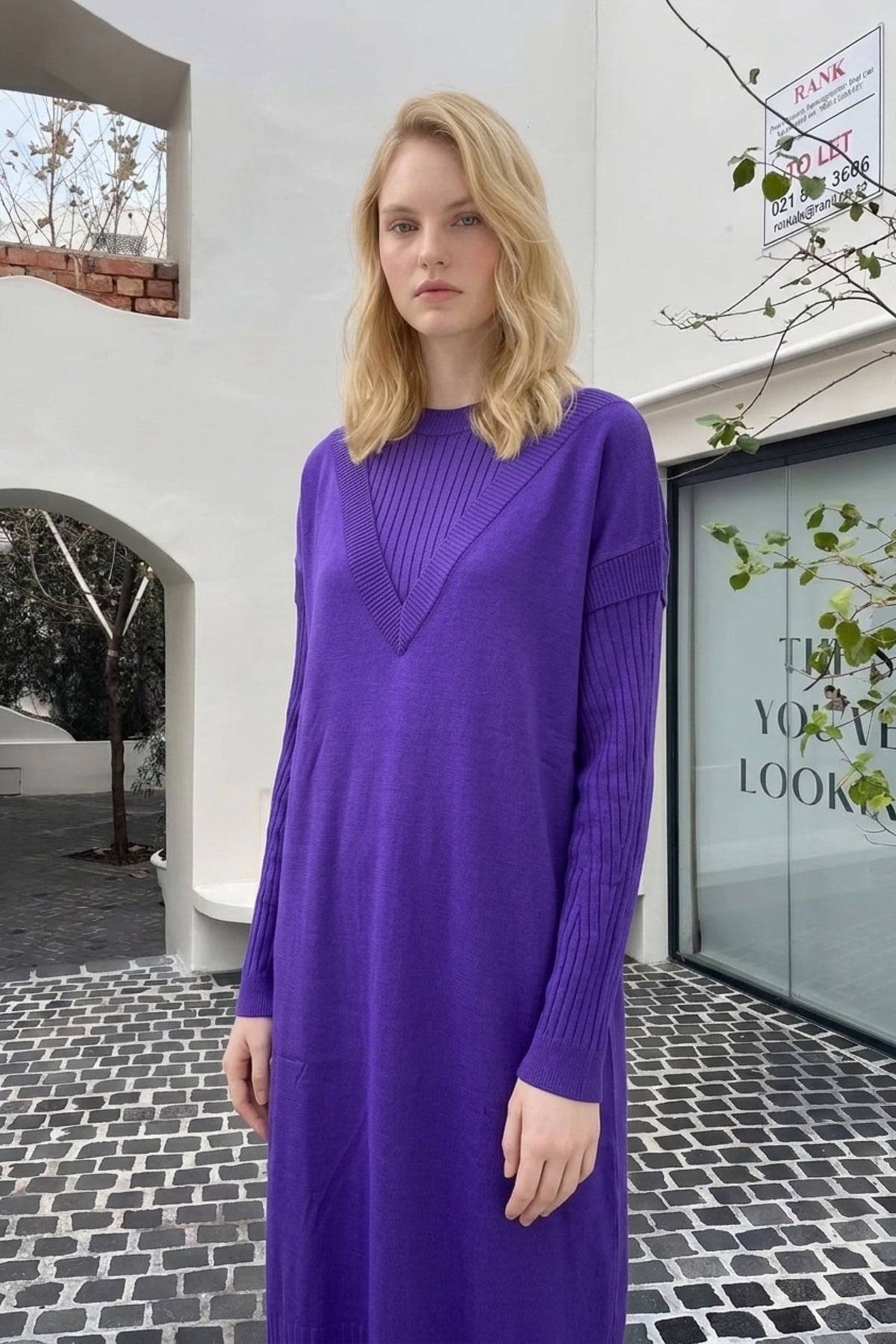 Ön V Detay Uzun Tunik 35326 Mor Tunik Miss Knit 