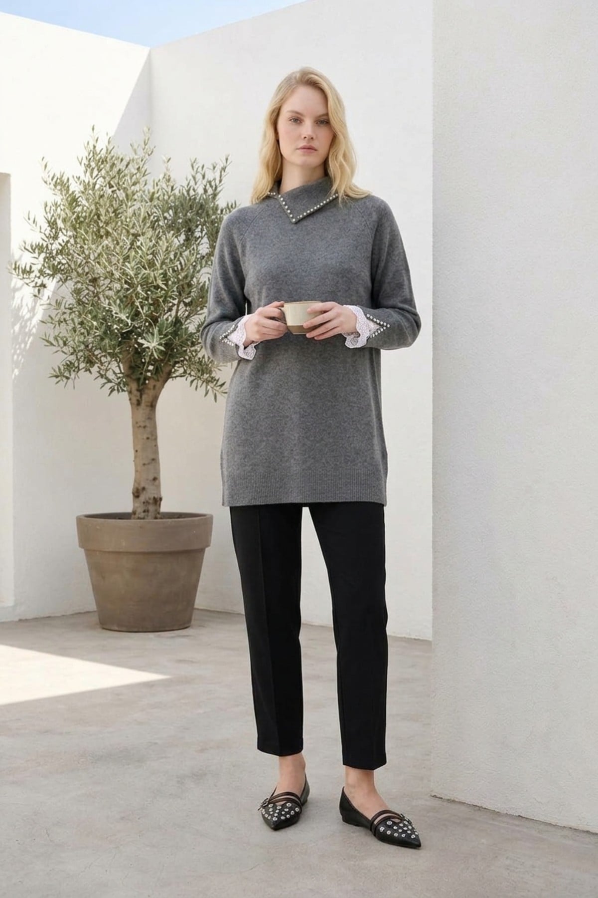 İnci ve Dantel Detaylı Tunik 146004 Gri Tunik NEFİSE 