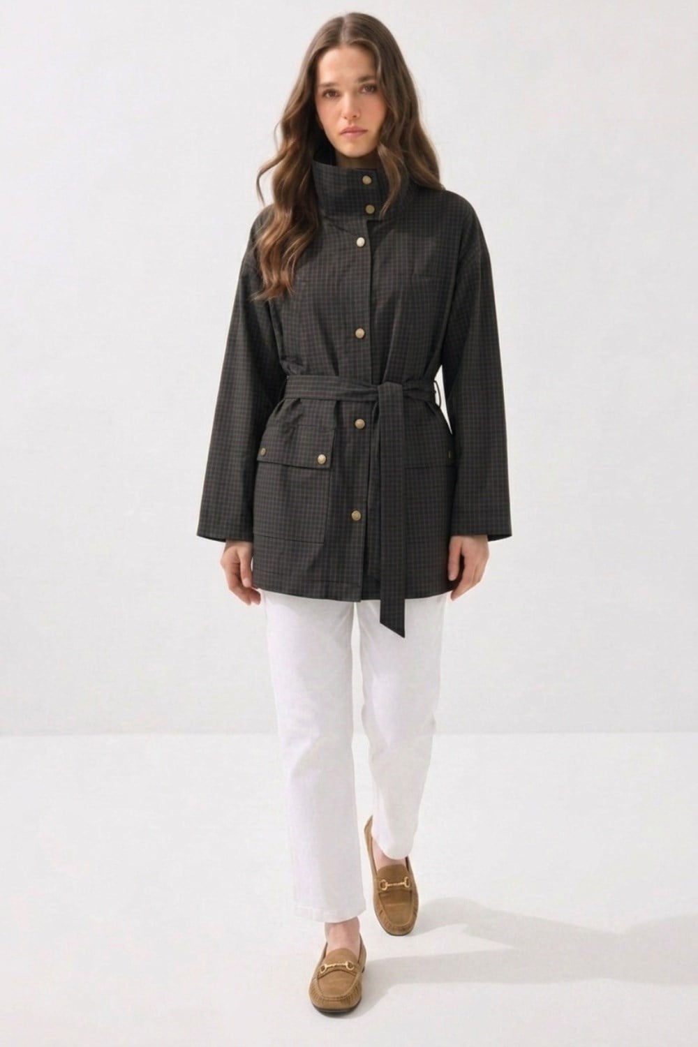Yüksek Yakalı Çıtçıt Detaylı Trenchcoat 0037889 Lacivert Kap İKOLL 