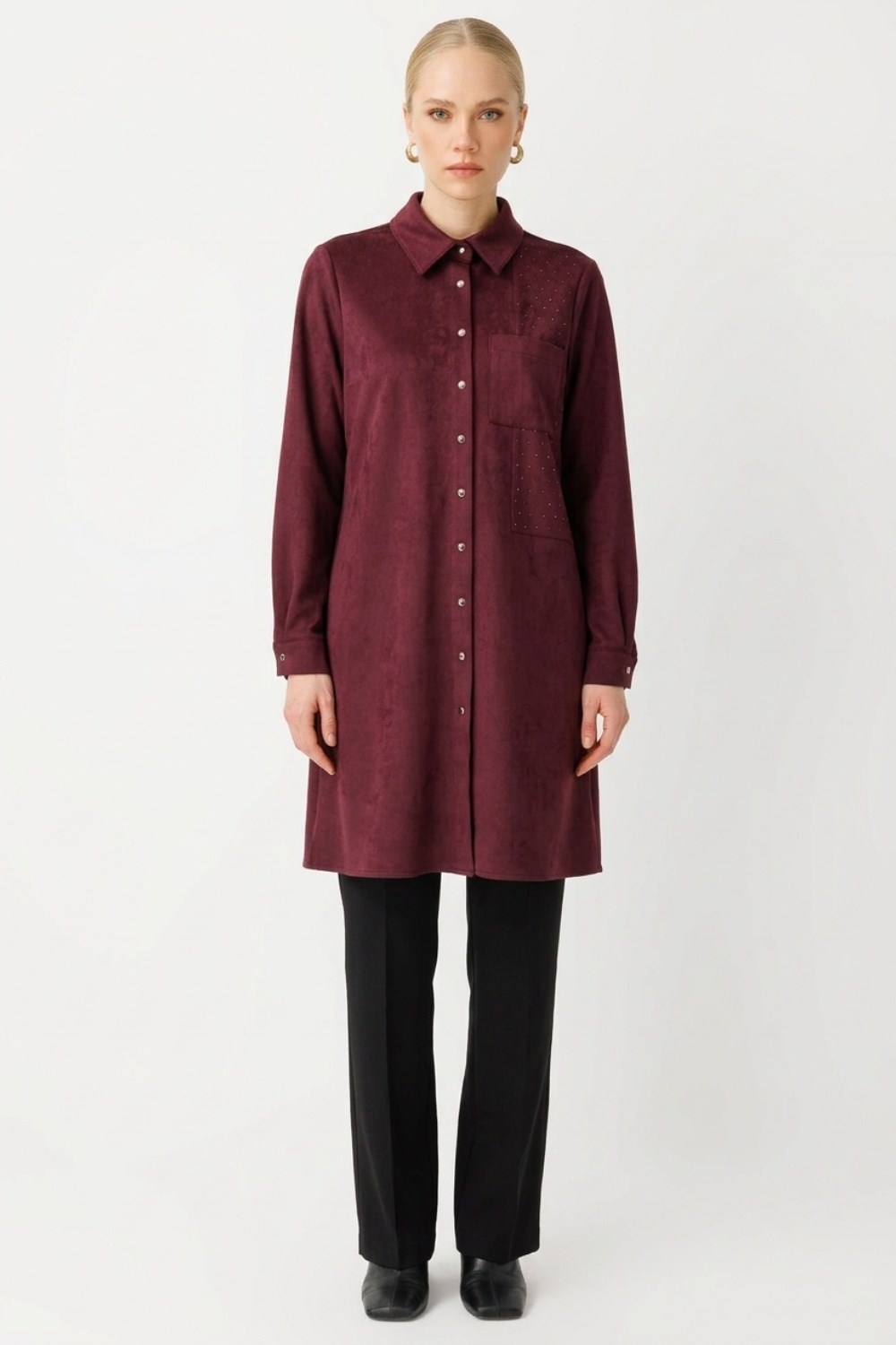 Armine Trend 26KT445 Bir Yanı Taş Baskılı Tunik Mürdüm Tunik ARMİNE TREND 