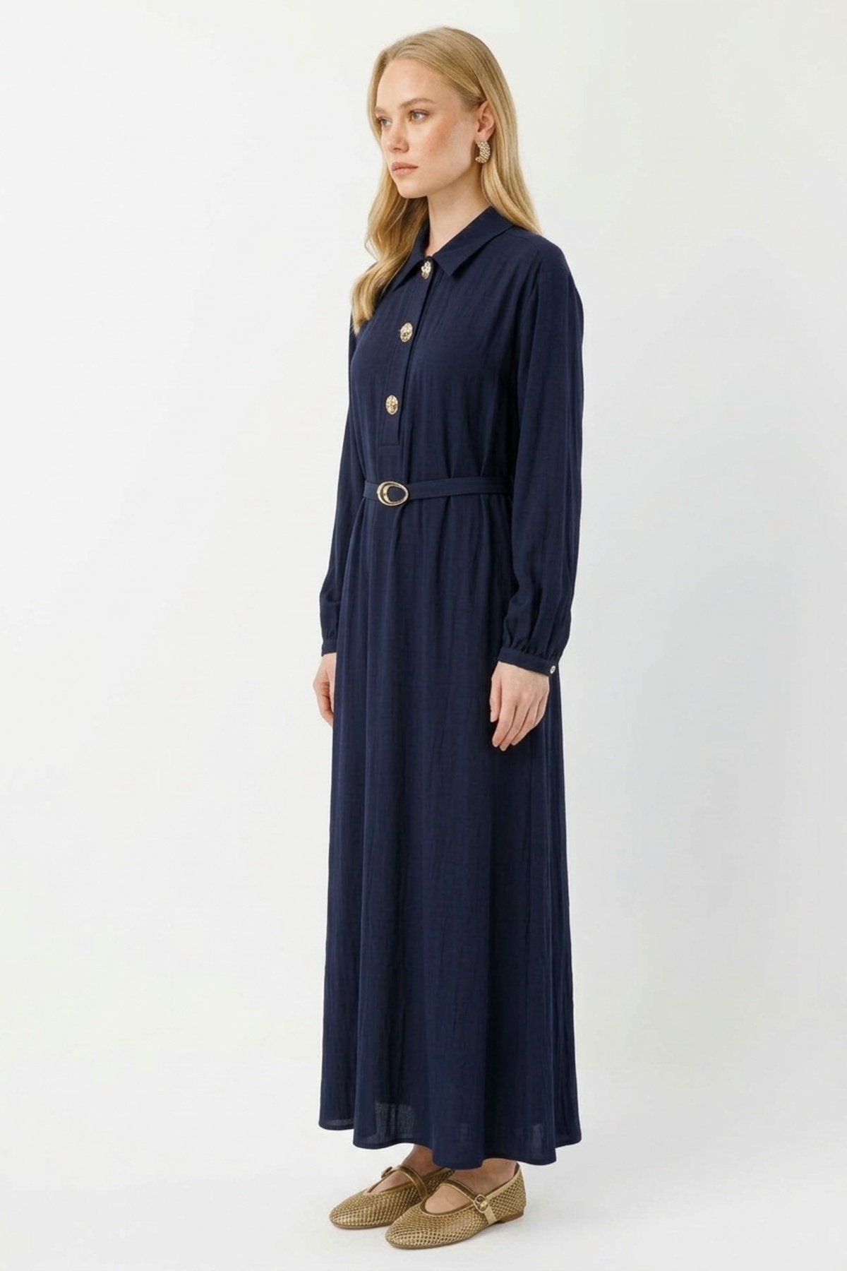 Düğme Detaylı Denim Görünümlü Elbise 0037052 Lacivert Elbise İKOLL 