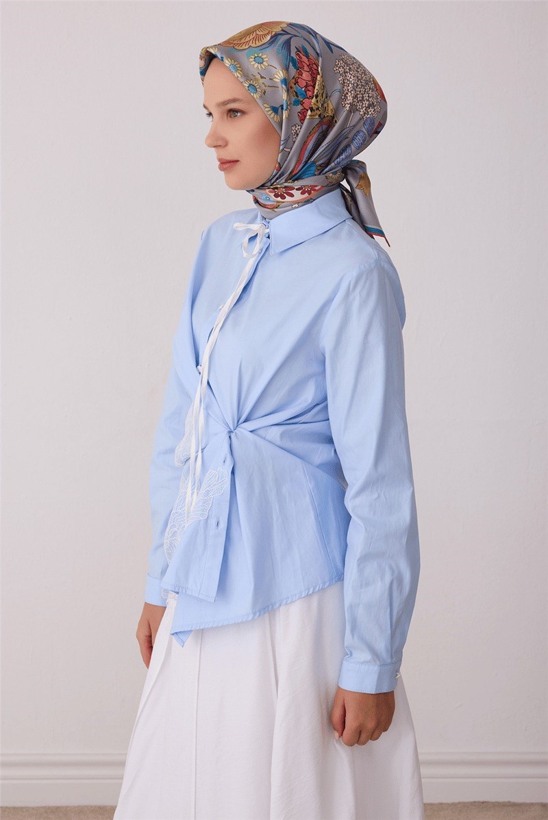 Belli 4415 Çiçek Buketi Çiçekli %100 Twill İpek Eşarp - Gri Eşarp BELLI 