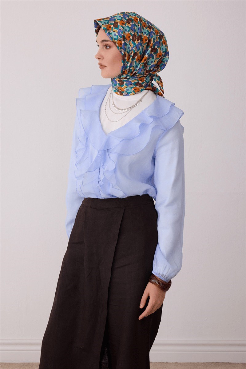 Belli 4402 Prizma Kafes Geometrik %100 Twill İpek Eşarp - Turuncu Eşarp BELLI 
