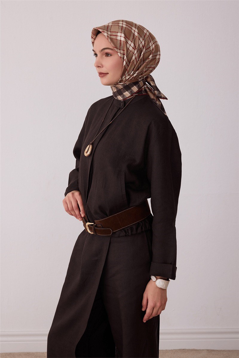 Belli 4421 Düğümlü Kafes Geometrik %100 Twill İpek Eşarp - Sütlü Kahve Eşarp BELLI 