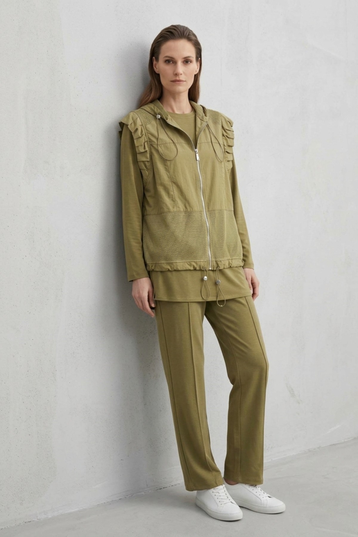 Yeleği File Detay Üçlü Pantolonlu Takım 1618 Olive Takım STELLA STORE 