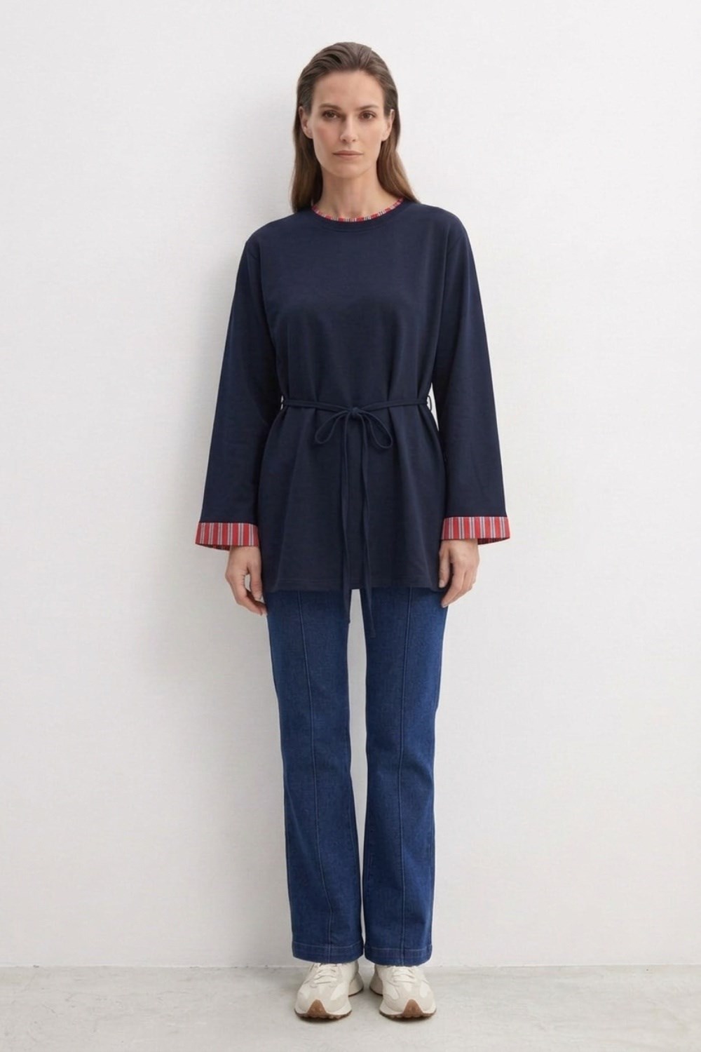 Yaka ve Kolları Çizgi Garnili Tunik 3521 Lacivert Tunik Ekrutex 