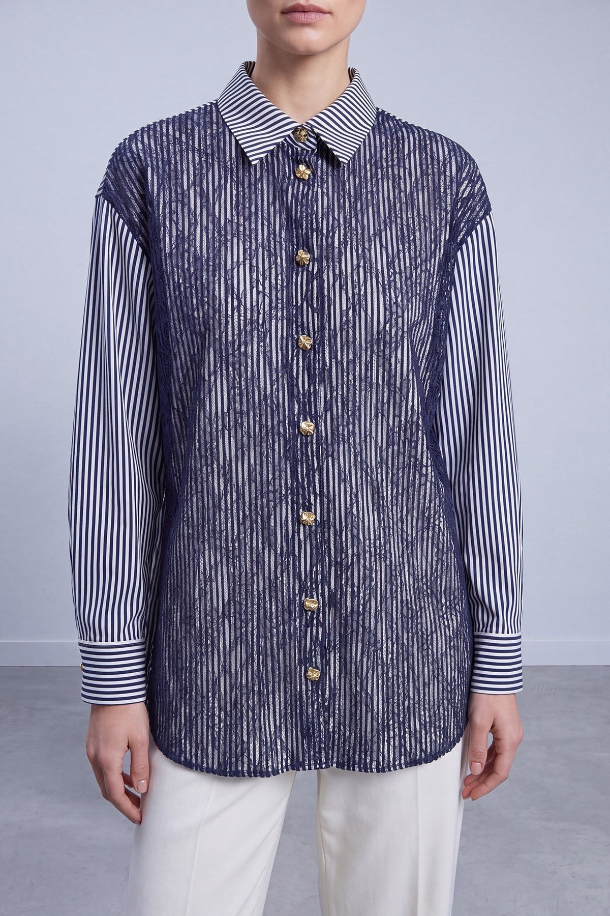 Çizgili Dantel Detaylı Tunik 10787 F.Navy Tunik PUANE 