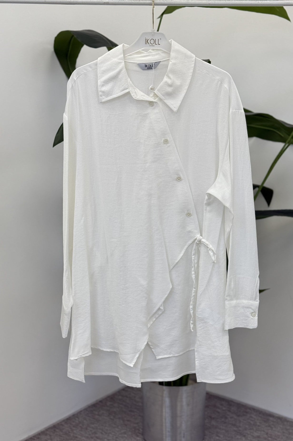 Asimetrik Bağlamalı Gömlek 0036894 - Ekru Tunik İKOLL 