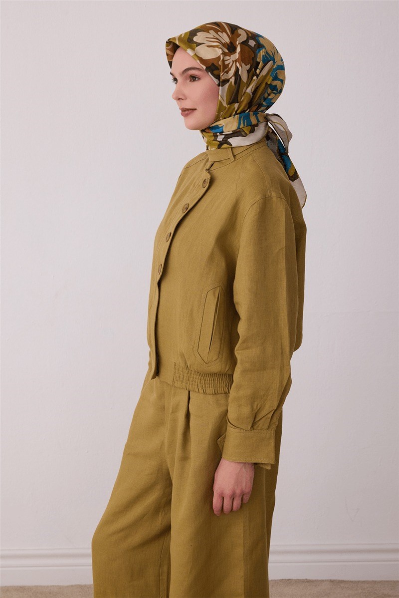 Belli 4416 Yapraklı Gül Çiçekli %100 Twill İpek Eşarp - Yağ Yeşili Eşarp BELLI 
