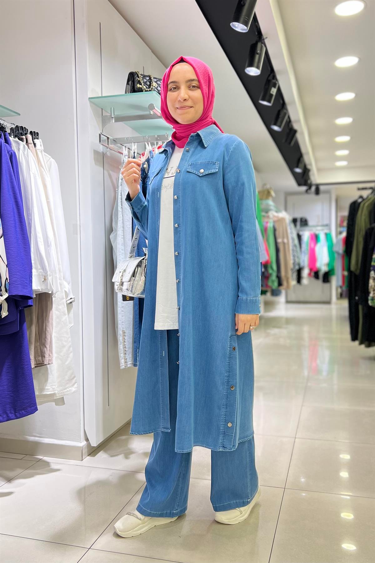 Elif Ergül Boydan Düğmeli İnce Kot Kap 3600 - Buz Mavi  Kap