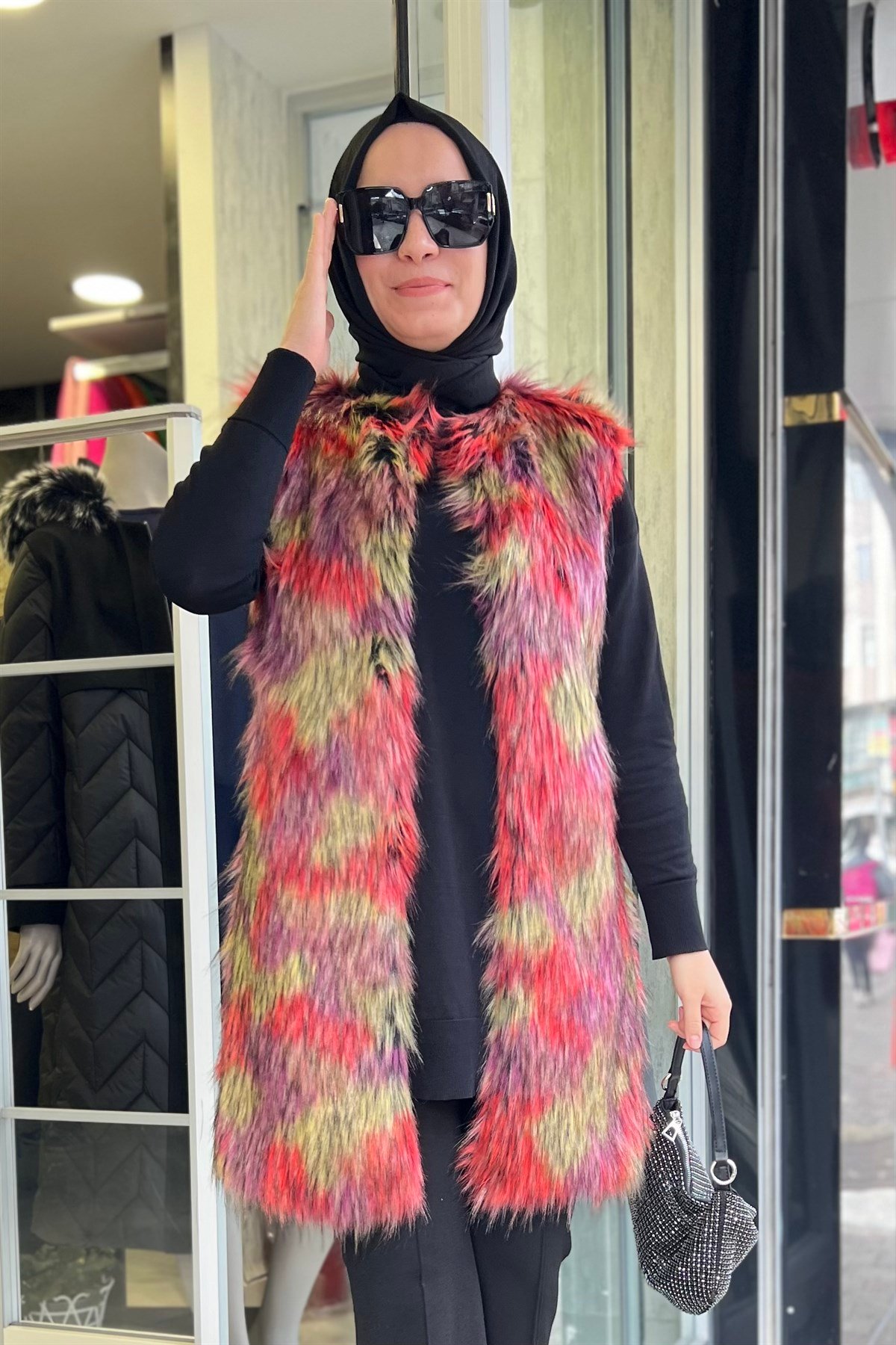 ESSİLA NAVY Kürklü Uzun Yelek - Karışık Renk  Yelek