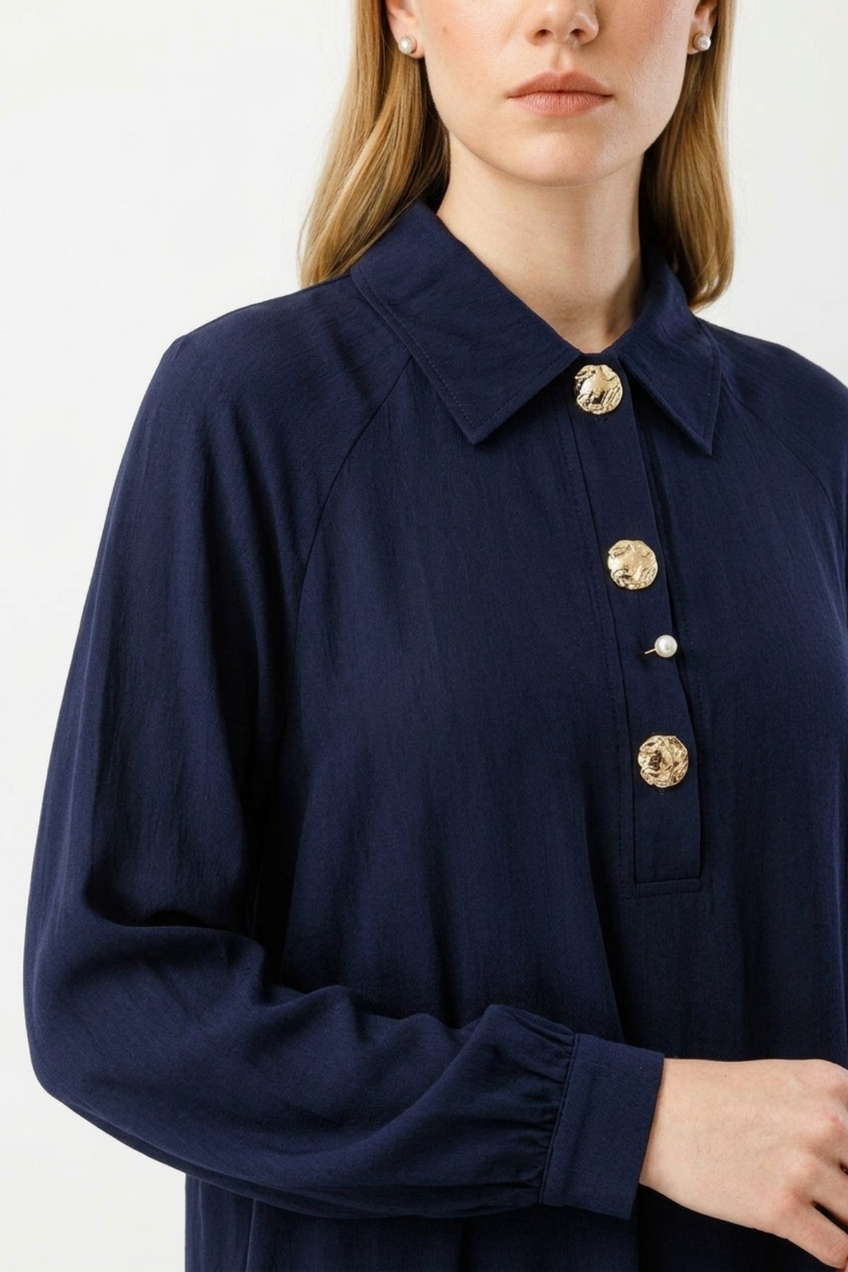 Düğme Detaylı Denim Görünümlü Elbise 0037052 Lacivert Elbise İKOLL 