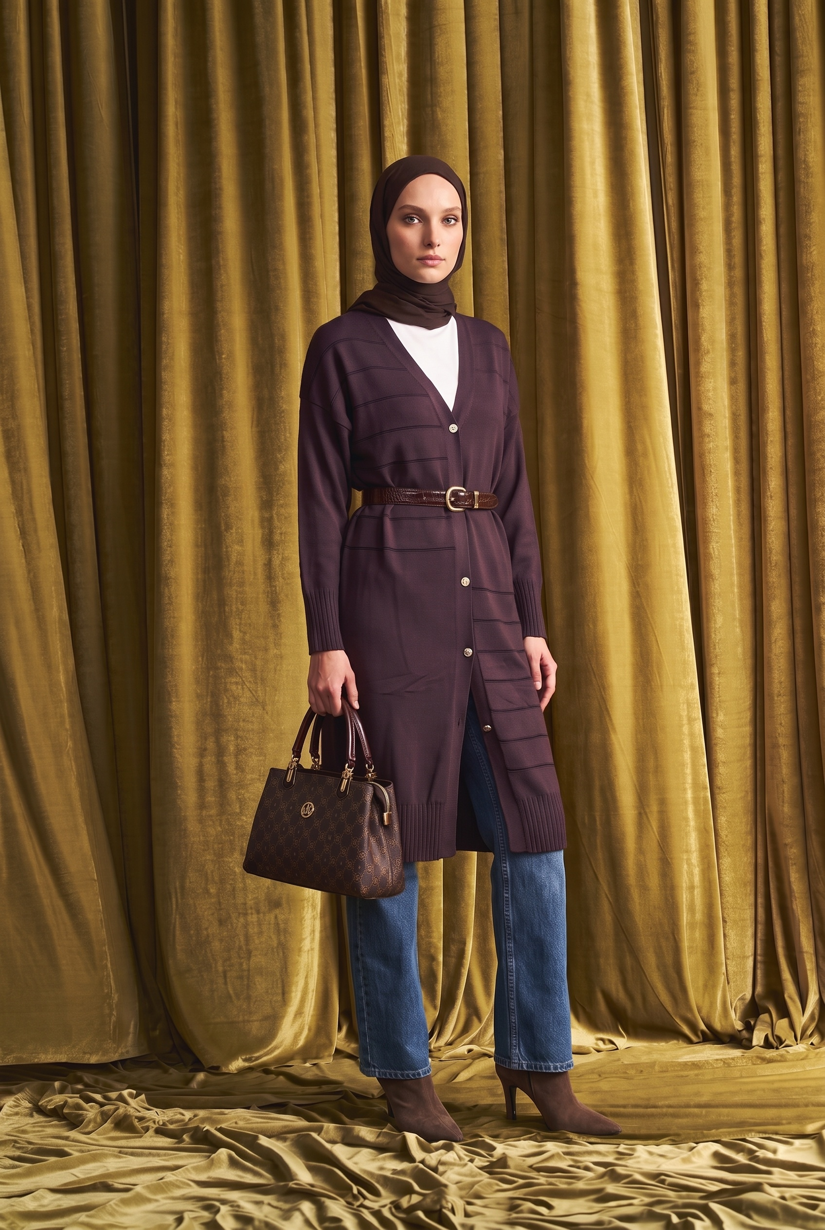 Armine Trend 26KTD501 Düğme Detaylı Uzun Hırka Kahverengi Hırka ARMİNE TREND 