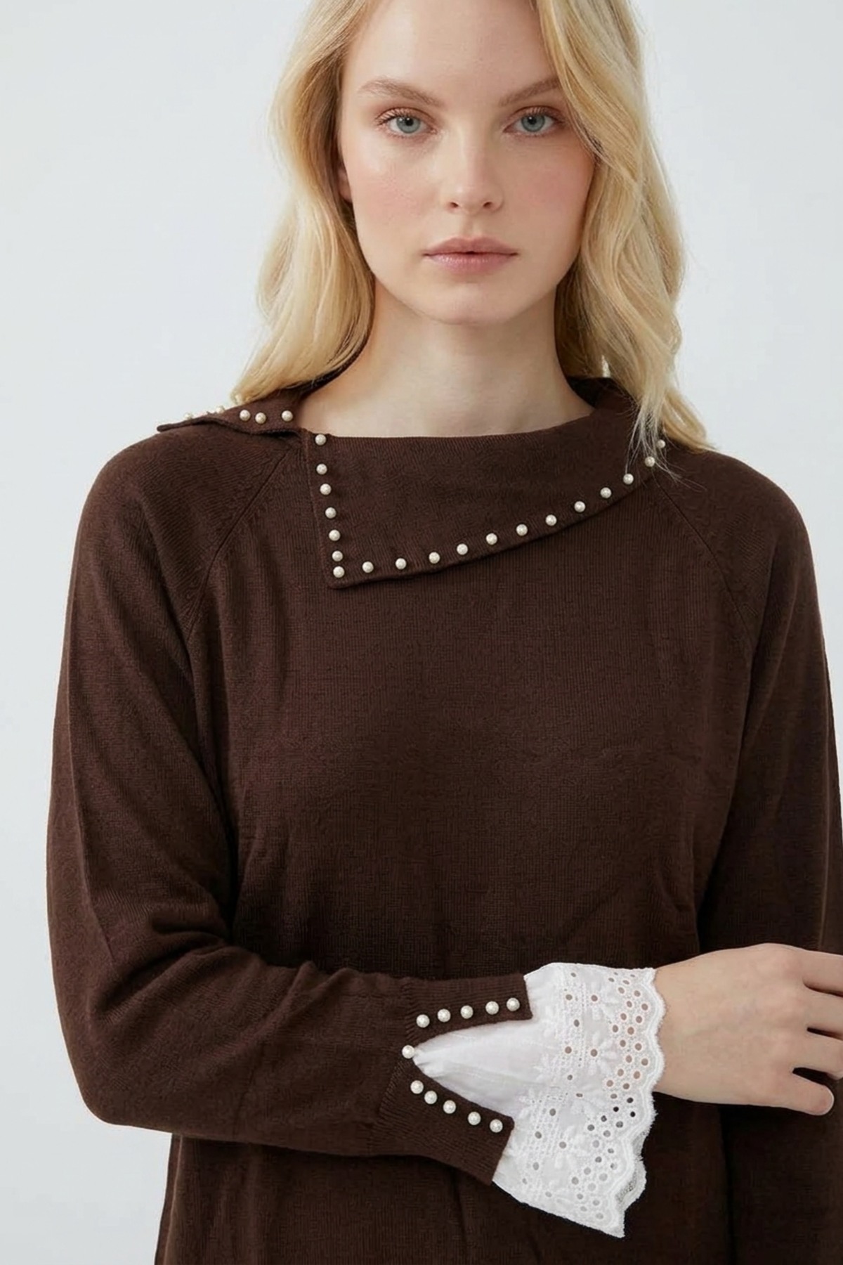 İnci ve Dantel Detaylı Tunik 146004 Kahve Tunik NEFİSE 