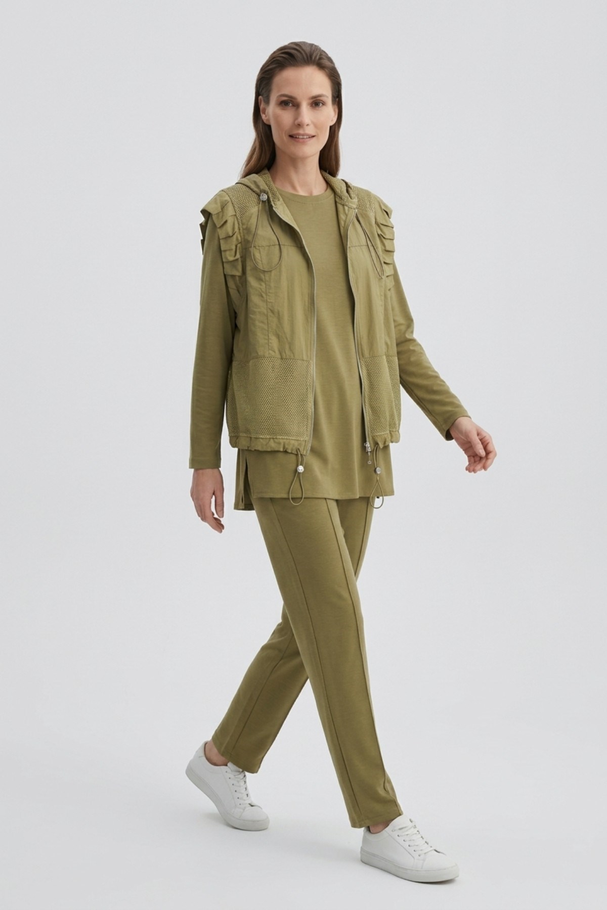 Yeleği File Detay Üçlü Pantolonlu Takım 1618 Olive Takım STELLA STORE 