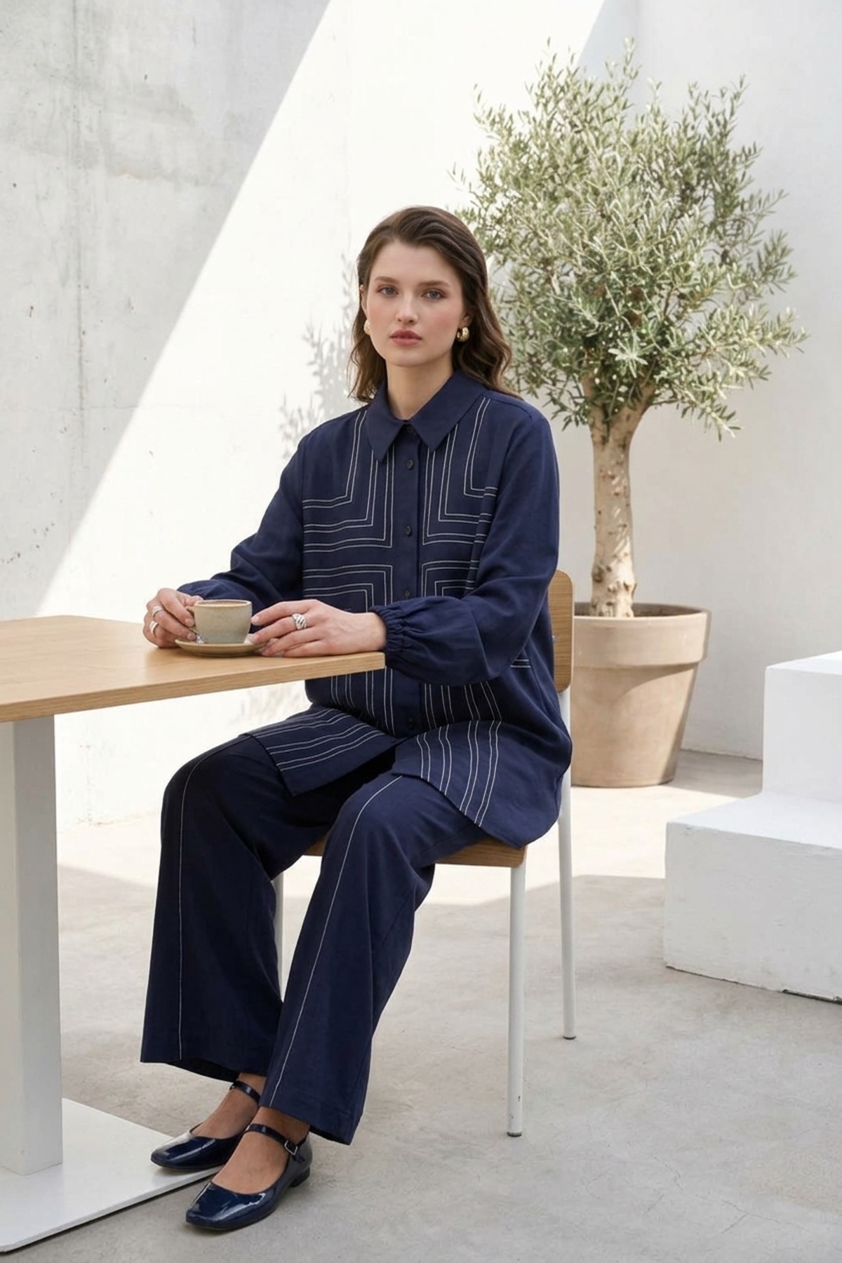 Çizgileri Dikiş Detay Pantolonlu Takım 321 Lacivert Takım AHİ TRİKO 