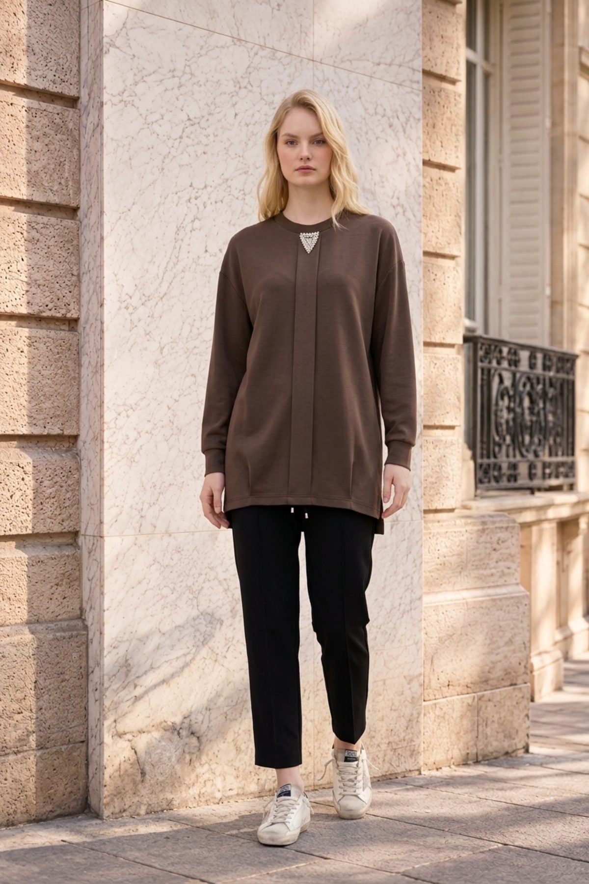 Ön Taş Baskılı Tunik 10821 Browni Tunik PUANE 