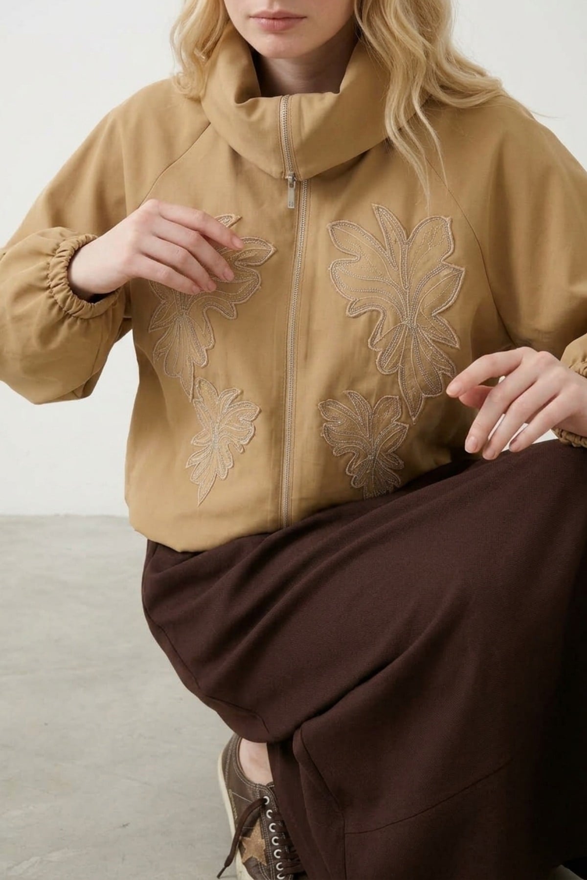 Çiçek Nakış Baskılı Kap 9316 Camel Kap JUPE STORE 