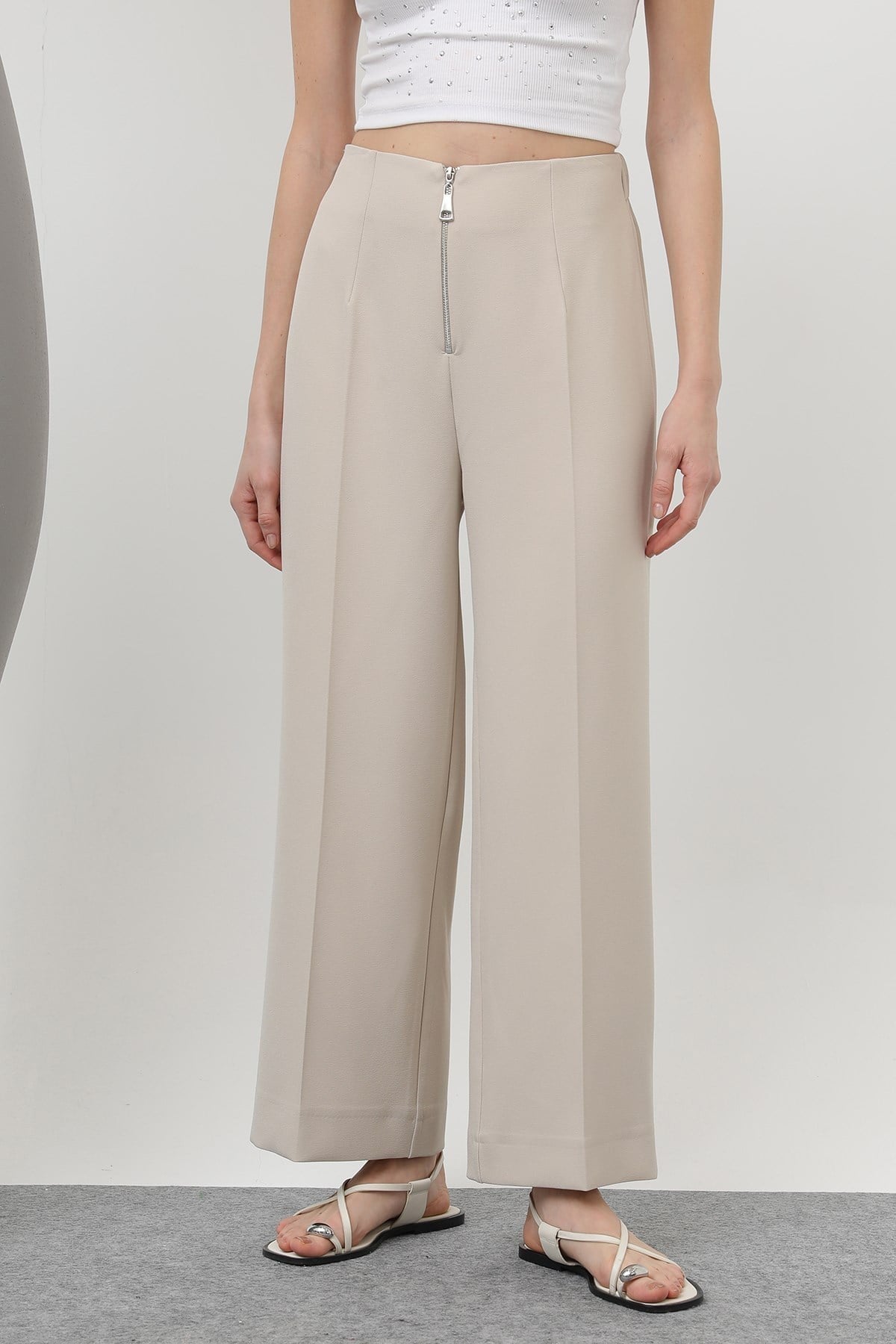 Fermuar Detaylı Pantolon 18228-1 Bej Pantolon PUANE 
