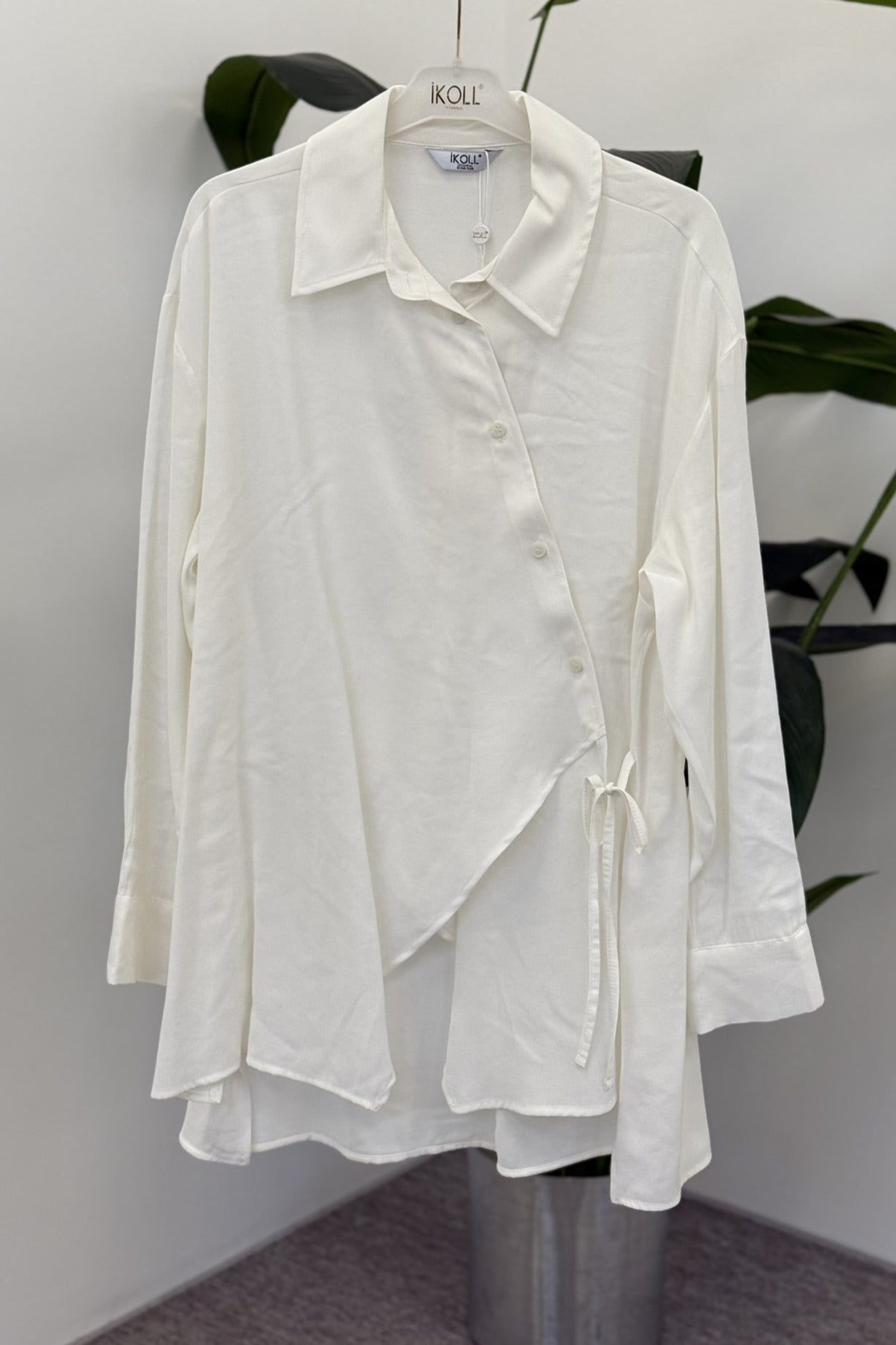 Asimetrik Bağlamalı Gömlek 0037667 - Ekru Tunik İKOLL 