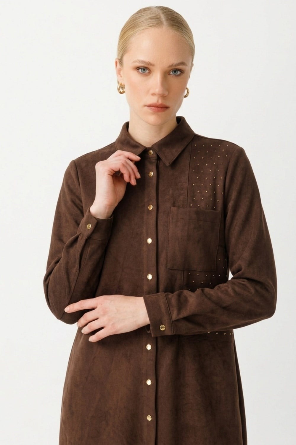 Armine Trend 26KT445 Bir Yanı Taş Baskılı Tunik Kahverengi Tunik ARMİNE TREND 