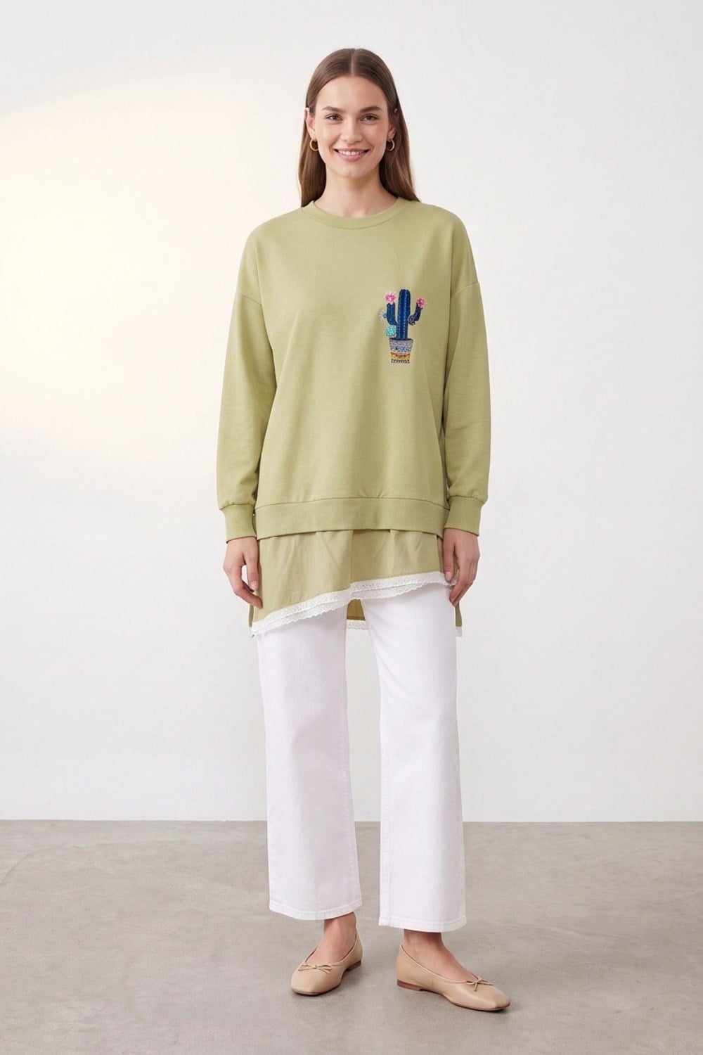 Etek Ucu Dantel Detay Kaktüs Tunik 10818 Olive Tunik PUANE 