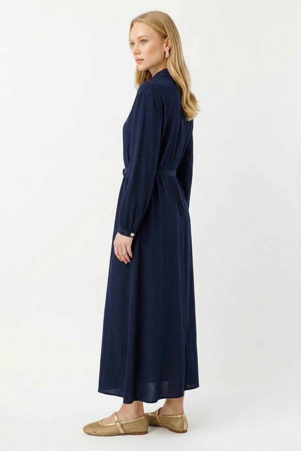 Düğme Detaylı Denim Görünümlü Elbise 0037052 Lacivert Elbise İKOLL 