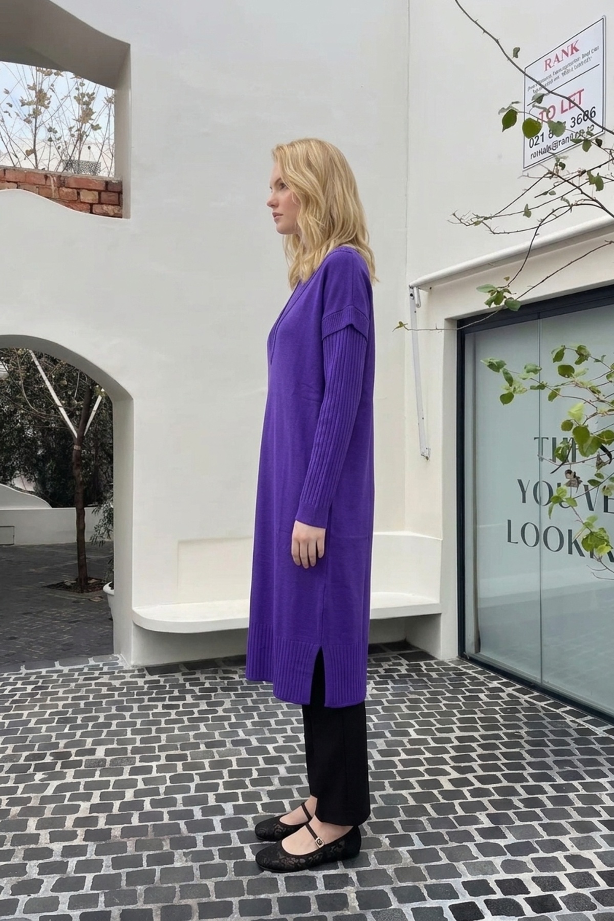 Ön V Detay Uzun Tunik 35326 Mor Tunik Miss Knit 