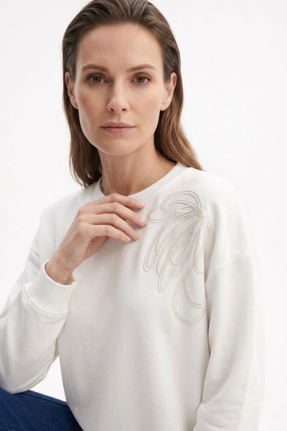 Tek Omuz İşlemeli İnce Sweat Tunik 3494 Ekru Tunik Ekrutex 