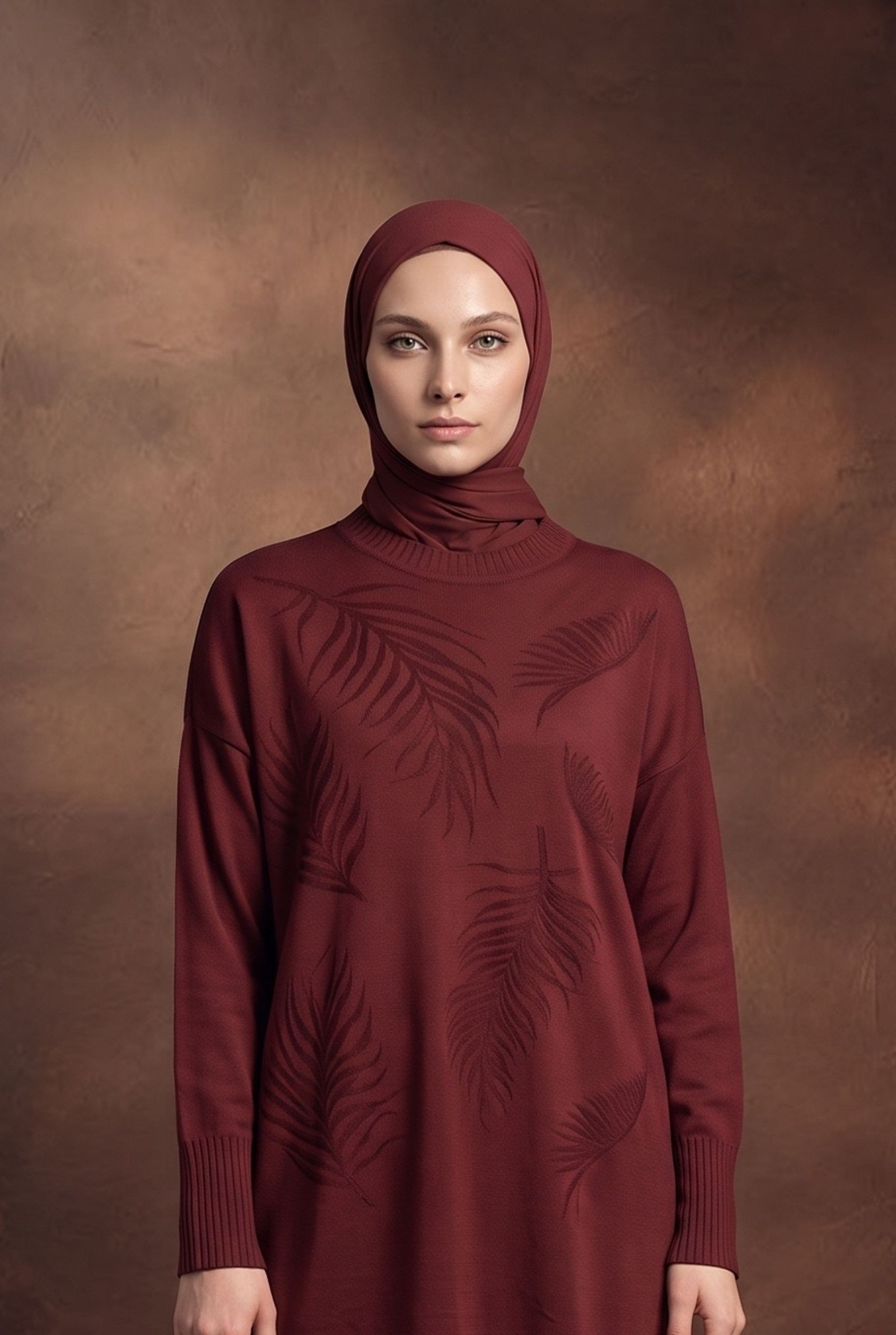 Armine Trend 26KTD408 Yaprak Baskı Detay Tunik Bordo Tunik ARMİNE TREND 